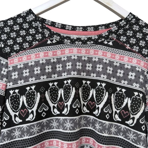 Cuddl Duds Fair Isle Lounge Top Medium Petite Black Penguins Long Sleeve Cozy PJ - Picture 2 of 8